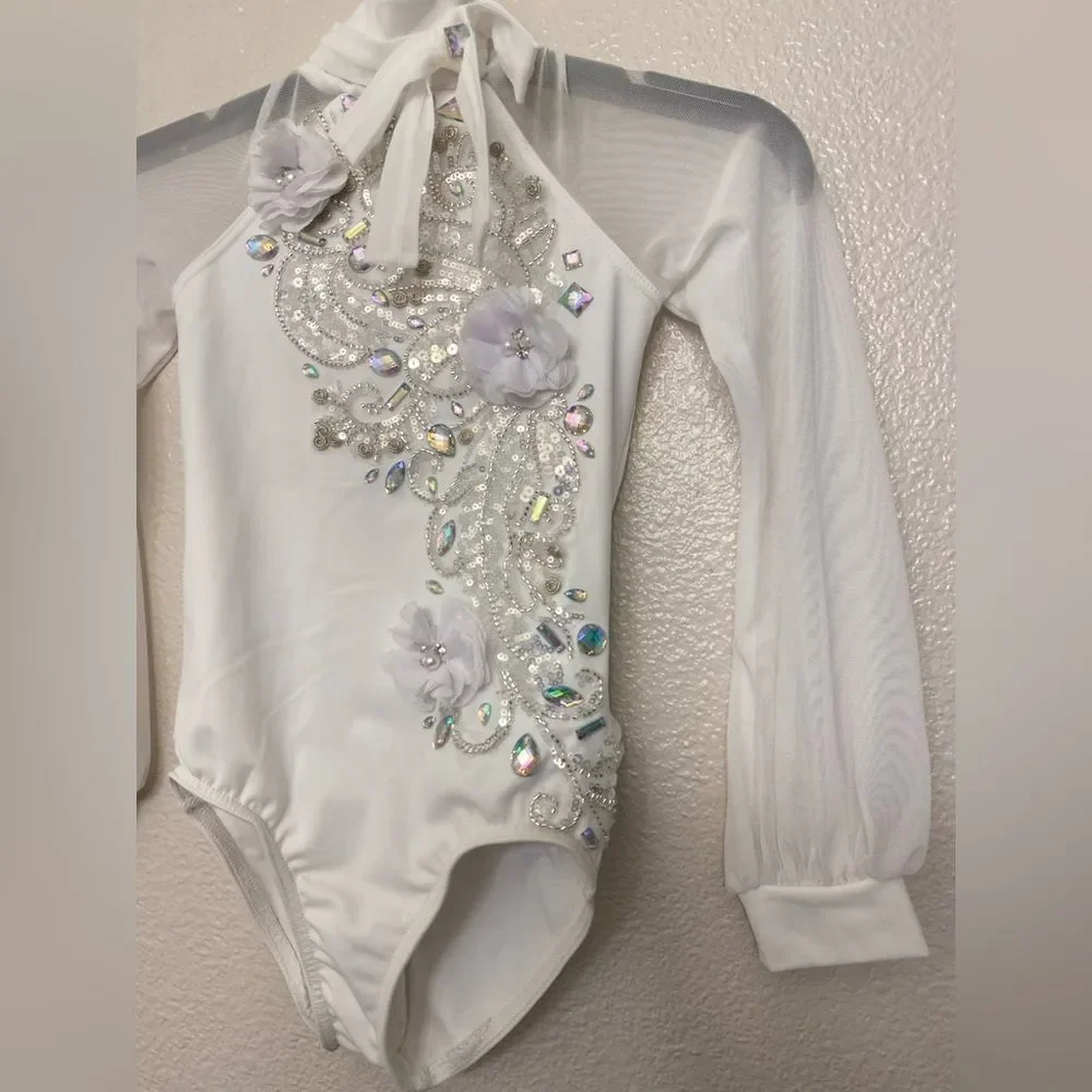 Weissman Balera solo Dance costume white custom poet sleeve Leotard MT11449 SC 6